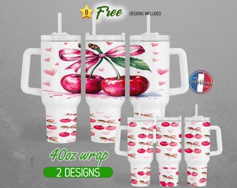 40oz Coquette Ribbon Bow 40oz Tumbler Wrap 40oz Cherry Pink 40oz Tumbler PNG Girly Girl 40oz Tumbler Design | 40oz Sublimation