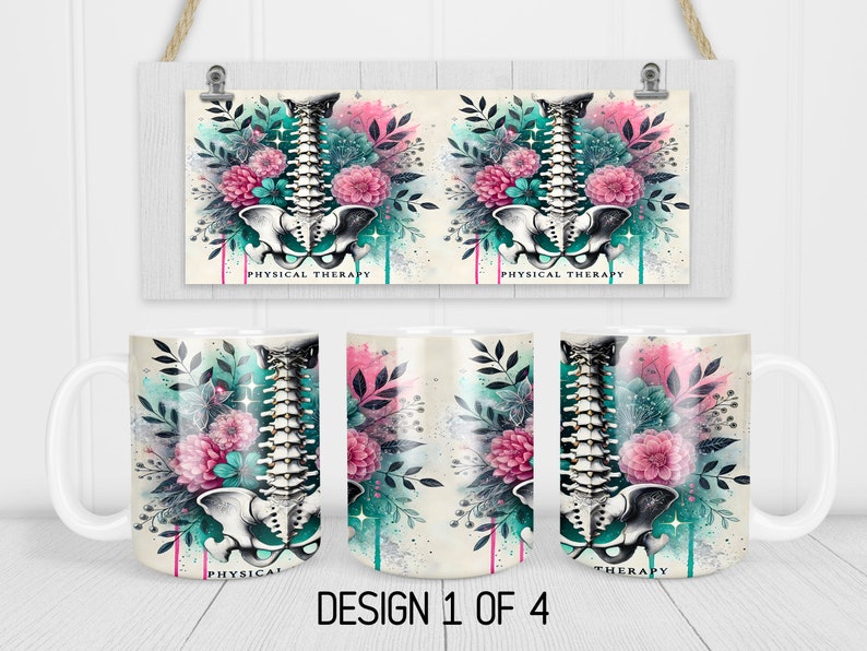 May include: White ceramic mug with a colourful design featuring a human skeleton with flowers and the text "Physical Therapy".