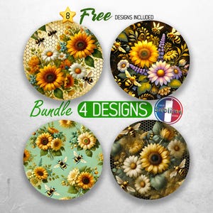 May include: A set of four round, colorful designs featuring sunflowers, bees, and honeycomb patterns. The designs are perfect for crafting projects like coasters, ornaments, or scrapbook embellishments.