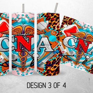 May include: A colorful design for a tumbler featuring a medical caduceus, a stethoscope, a syringe, and the letters CNA. The background is a mix of leopard print, turquoise, and white.