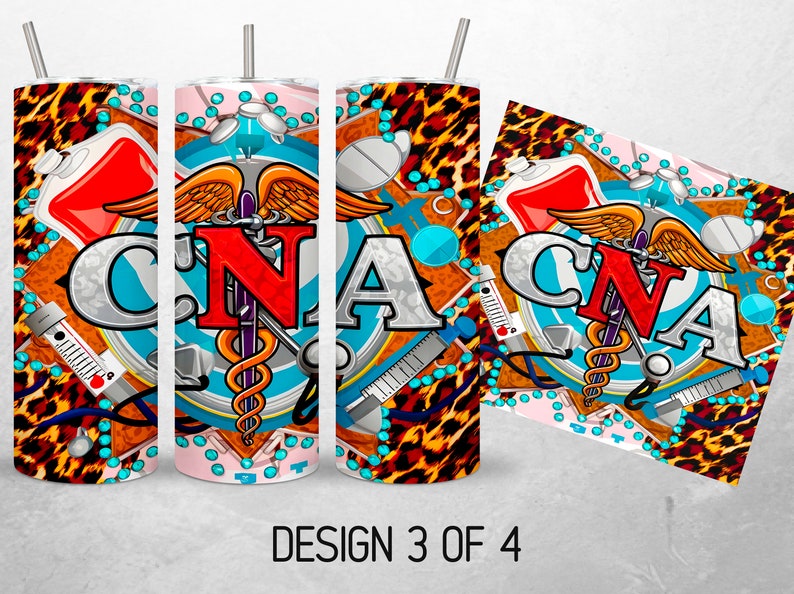 May include: A colorful design for a tumbler featuring a medical caduceus, a stethoscope, a syringe, and the letters CNA. The background is a mix of leopard print, turquoise, and white.