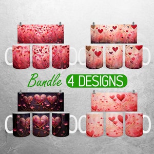 Valentine Hearts Mug Wrap PNG Valentines Day 11oz and 15oz Mug Sublimation Design Love Flowers Mug Wrap Designs Full Mug Wrap Bundle Cup PNG