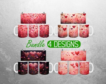 Valentine Hearts Mug Wrap PNG Valentines Day 11oz and 15oz Mug Sublimation Design Love Flowers Mug Wrap Designs Full Mug Wrap Bundle Cup PNG
