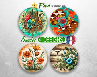 Paquete de posavasos PNG con diseño de flores del oeste. Diseños de sublimación de posavasos del oeste. Diseños de posavasos rústicos de vaquera del suroeste.