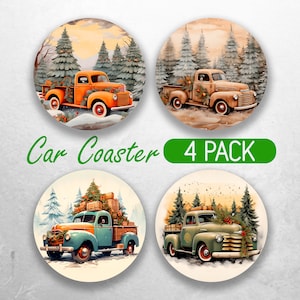 Holiday Car Coaster PNG Christmas Red Truck Car Coaster Sublimation Designs White Christmas Car Coaster Bundle Car Coaster Designs