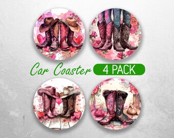Posavasos para coche con botas de vaquera y vaquero PNG Diseños de sublimación de posavasos para coche de pareja campestre Diseños de posavasos para coche con sombrero occidental Paquete de posavasos para coche