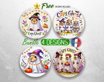 Capybara Cute Ghost Car Coaster PNG Bundle Pumpkin Fall Halloween Car Coaster Sublimation Designs Autumn Spooky Car Coaster Designs