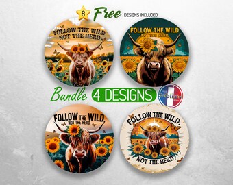 Highland Cow Car Coaster PNG Bundle Positive Affirmation Car Coaster Sublimation Designs Sunflower Motivational Car Coaster Designs