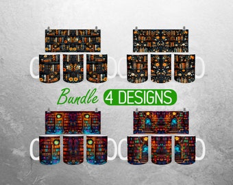 Books and Flowers Mug Wrap PNG Bookshelf Reading Book 11oz and 15oz Mug Sublimation Design  Book Lover Mug Wrap Designs Full Mug Wrap Bundle