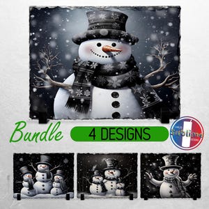 Op de afbeelding: Een set van vier digitale ontwerpen met sneeuwpoppen in verschillende poses. De ontwerpen zijn perfect voor het maken van sublimatieprints, knutselwerk en andere projecten.