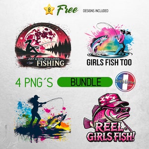 Op de afbeelding: Een digitaal downloadpakket met vier designs met een vis-thema, waaronder een silhouet van een persoon die vist, een vis met de tekst "Reel Girls Fish!" en twee designs met de tekst "Girls Fish Too" en "Just a Girl Who Loves Fishing".