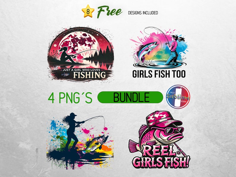 Op de afbeelding: Een digitaal downloadpakket met vier designs met een vis-thema, waaronder een silhouet van een persoon die vist, een vis met de tekst "Reel Girls Fish!" en twee designs met de tekst "Girls Fish Too" en "Just a Girl Who Loves Fishing".
