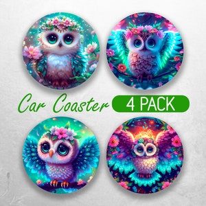 3D Baby Owl Car Coaster PNG Colorful Owl Car Coaster Sublimation Designs Woodland Animal Owl Car Coaster Designs Car Coasters Bundle