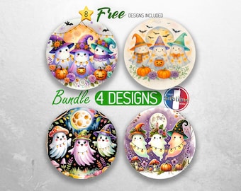 Cute Ghost Car Coaster PNG Bundle Pumpkin Fall Halloween Car Coaster Sublimation Designs Autumn Spooky Car Coaster Designs