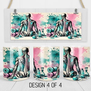 May include: Three white ceramic mugs with a colourful design featuring a human figure with visible muscles and bones, a yoga mat, and exercise equipment. The text "Physical Therapy" is printed on each mug.