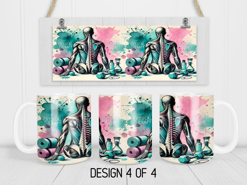 May include: Three white ceramic mugs with a colourful design featuring a human figure with visible muscles and bones, a yoga mat, and exercise equipment. The text "Physical Therapy" is printed on each mug.