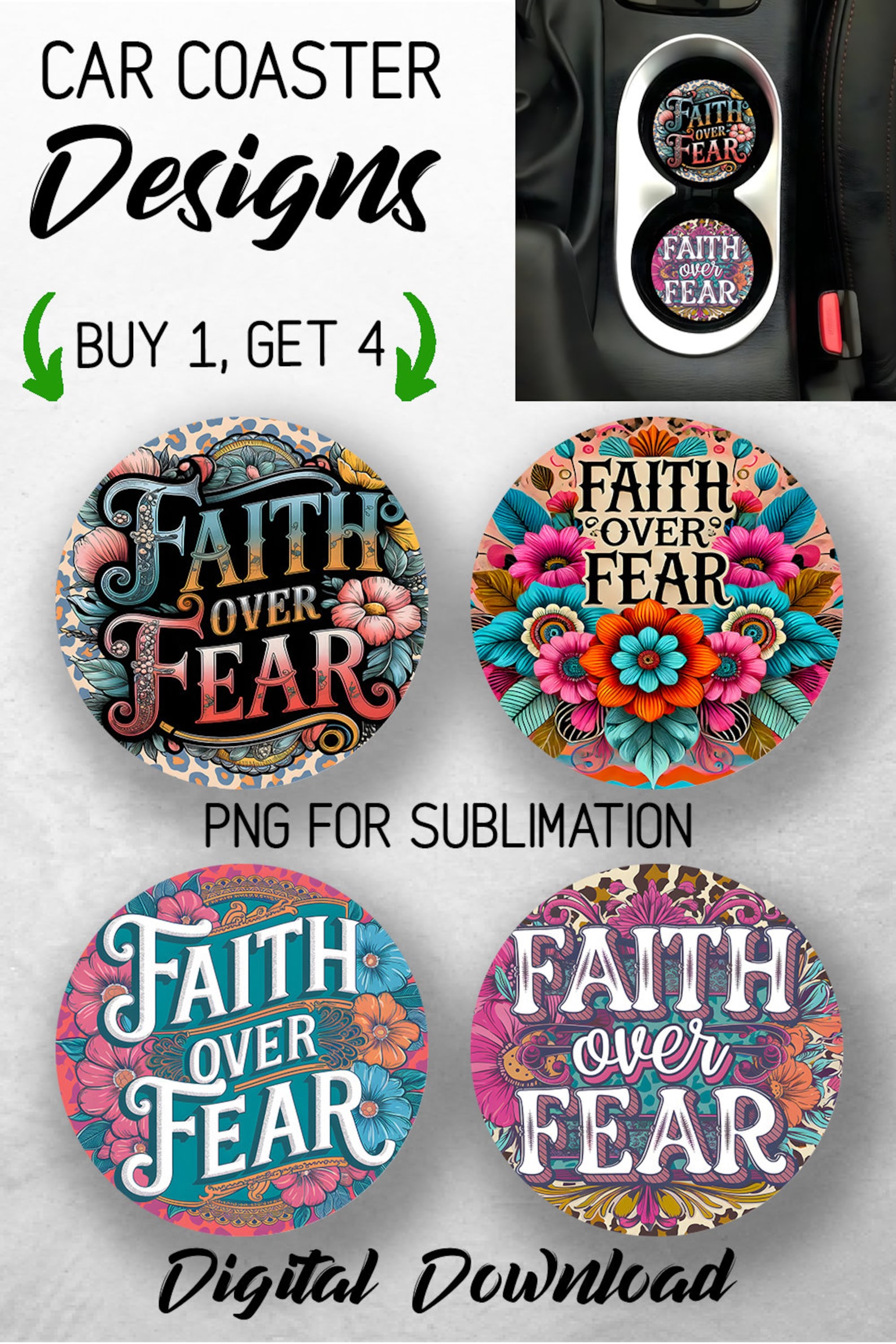 Faith Over Fear Car Coaster PNG Bundle Christian Coaster Png ...
