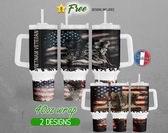 May include: Eight free designs included.  Two designs for a 40oz tumbler wrap featuring a vintage American flag with boots and the text "Vietnam Veteran".