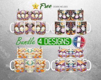 Pacchetto di tazze con motivo fantasma carino, tazza di Halloween autunnale con zucca, design PNG, tazza intera spettrale autunnale / tazza da 11 once e 15 once, stampa a sublimazione