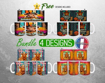 Paquete de tazas Western Mama con diseño retro de vaca de las Tierras Altas, PNG, con estampado de vaca colorida de otoño, para sublimación de tazas de 11 y 15 oz
