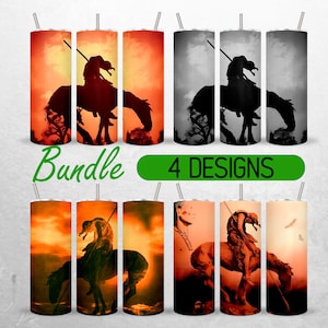 May include: A set of four 20 oz stainless steel tumblers featuring a design of a Native American on horseback. The tumblers are in a variety of colours, including red, orange, black, and white. The text "Bundle 4 Designs" is printed on a green rectangle.