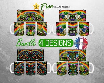Pacchetto di involucri per tazze per il giorno di San Patrizio Tazza con motivo floreale con trifoglio scintillante PNG Design Trifoglio fortunato irlandese Involucro per tazze completo / Tazza da 11oz e 15oz Sublimazione