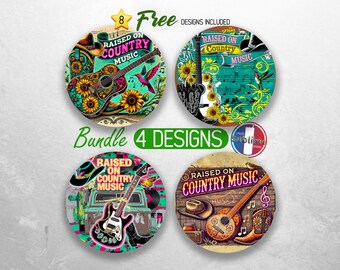 Paquete de posavasos para coche con temática de música country, diseño de sublimación de posavasos de vaquera del oeste, diseño rústico de posavasos de granjero.