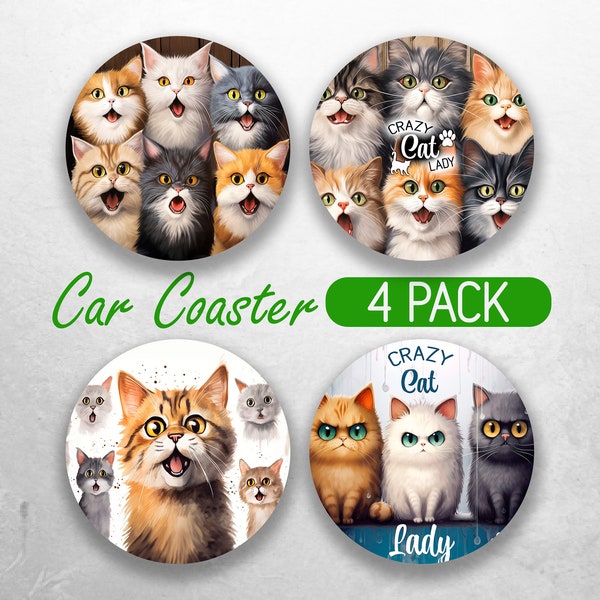 Crazy Cat Lady Car Coaster PNG Funny Cat Car Coaster Sublimation Designs Cute Kitten Car Coaster Designs Car Coasters Bundle