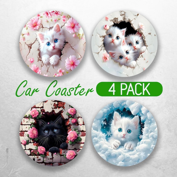 3D Kittens Hole In A Wall Car Coaster PNG Cute Cat Car Coaster Sublimation Designs Flower Cat Lady Car Coaster Designs Car Coasters Bundle