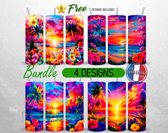 Seamless Beach Sunset Tumbler Wrap Bundle Ocean Summer 20oz Tumbler PNG Hibiscus Tropical Beach Tumbler Design 20oz Skinny Sublimation PNG