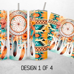 May include: A set of three 20 oz. stainless steel tumblers with a colorful design featuring a dreamcatcher, feathers, and geometric patterns in shades of orange, yellow, teal, and black. The design is repeated on a separate rectangular panel.