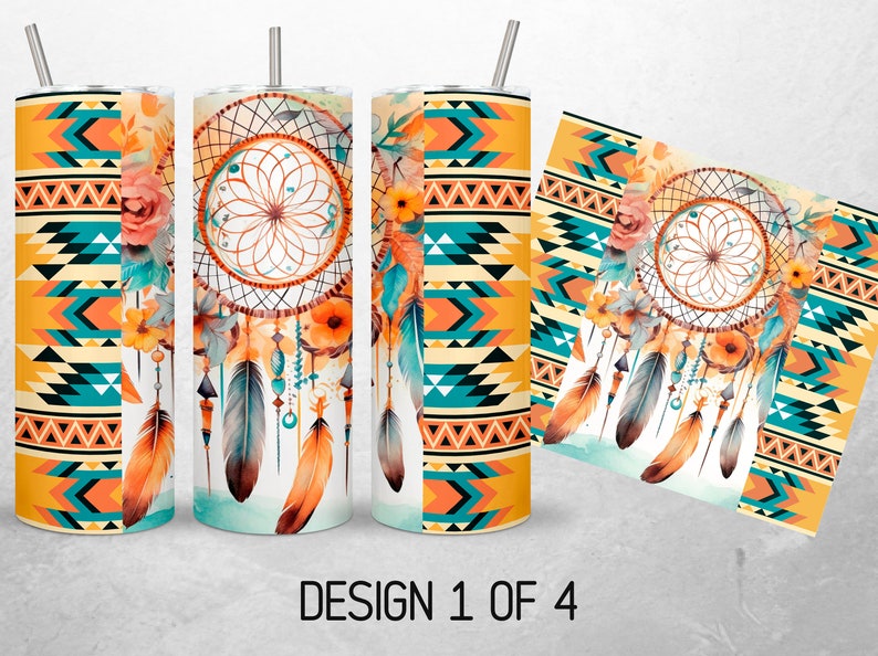 May include: A set of three 20 oz. stainless steel tumblers with a colorful design featuring a dreamcatcher, feathers, and geometric patterns in shades of orange, yellow, teal, and black. The design is repeated on a separate rectangular panel.