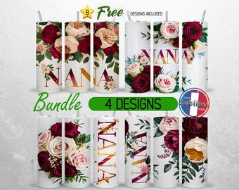 Nana Mothers Day Tumbler Wrap 20oz Bundle Grandma Floral Nan Tumbler PNG 20oz Roses Flowers Tumbler Design 20oz | Sublimation
