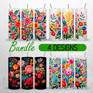 Mexican Floral Tumbler Wrap Embroidered Flower Tumbler PNG Mexican Tumbler Design Bundle +18 FREE 20oz Skinny Tumbler Sublimation Designs