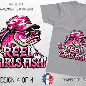 Op de afbeelding: Roze cartoonvis met een roze camouflagehoed en zonnebril met de tekst "Reel Girls Fish!" in roze letters.