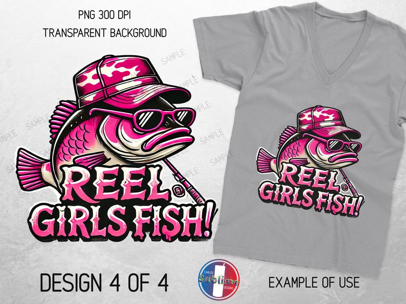 Op de afbeelding: Roze cartoonvis met een roze camouflagehoed en zonnebril met de tekst "Reel Girls Fish!" in roze letters.
