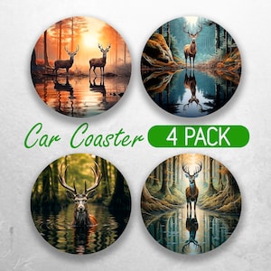 May include: Set of four car coasters featuring a deer in a forest setting. Each coaster has a different image of a deer standing in a lake with a reflection. The coasters are round and have a glossy finish.