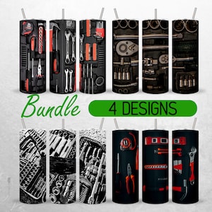 May include: Bundle of four 20 oz. stainless steel tumblers with different tool designs. The designs feature a variety of tools, including wrenches, screwdrivers, pliers, and a tape measure. The tumblers are black with red and silver accents.