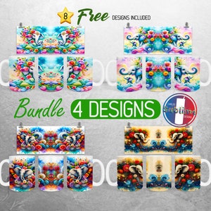 Embroidered Elephant Mug Wrap PNG Bundle Floral Baby Elephant 11oz and 15oz Mug Sublimation Design Mandala  Elephant Full Mug Wrap Designs