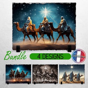 May include: A set of four designs featuring the three wise men riding camels under a starry night sky with a bright star above them. The designs are perfect for creating personalized gifts or home decor.