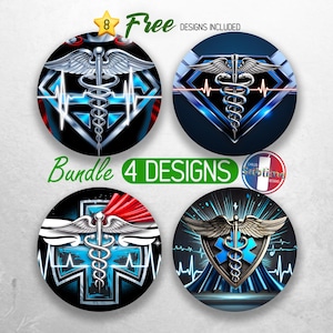May include: A set of four round stickers featuring a medical caduceus symbol in different designs. The stickers are blue, red, and white with a black background. The text "Bundle 4 Designs" is printed on the image.