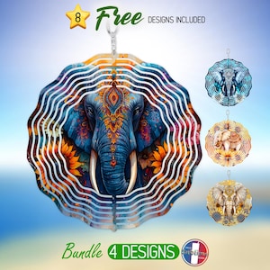 Boho Elephant Wind Spinner PNG Design Bundle Sunflower Mandala Windspinner PNG Sublimation Floral Animal Wind Spinner PNG