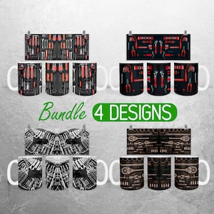 May include: Bundle of four designs for mugs featuring a black and white image of a tool set. The mugs are white with a black handle. The text "Bundle 4 Designs" is in green letters.