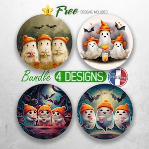 May include: A bundle of four Halloween-themed designs featuring cute ghost illustrations. Each design showcases ghosts with orange hats, bats, and other spooky elements. The image includes the text "Free Designs Included" and "Bundle 4 Designs."