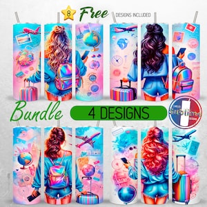 Naadloze reizende meisjesbeker wrap bundel Girly reizen 20oz beker PNG zomervakantie beker ontwerp 20oz magere beker sublimatie, PNG