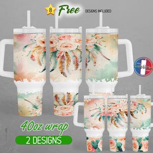 40oz Boho Floral 40oz Tumbler Wrap 40oz Boho Feather 40oz Tumbler PNG Pastel Flower 40oz Tumbler Design | 40oz Sublimation