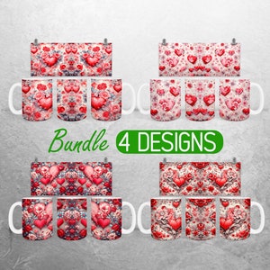 Emballage floral pour tasse Saint-Valentin PNG Mug Saint-Valentin de 11 oz et 15 oz Sublimation Designs coeurs d'amour Emballage de tasse de tasses complète Emballage de tasse PNG