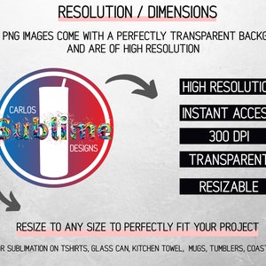 Op de afbeelding: Een rode, witte en blauwe cirkel met de tekst "Carlos Sublime Designs" erin. De cirkel is omgeven door een witte achtergrond met de tekst "RESOLUTION / DIMENSIONS" bovenaan. Onder de cirkel staat de tekst "RESIZE TO ANY SIZE TO PERFECTLY FIT YOUR PROJECT". De tekst "HIGH RESOLUTION", "INSTANT ACCESS", "300 DPI", "TRANSPARENT" en "RESIZABLE" staan in een kolom aan de rechterkant van de afbeelding. De tekst "PERFECT FOR SUBLIMATION ON TSHIRTS, GLASS CAN, KITCHEN TOWEL, MUGS, TUMBLERS, COASTERS, ETC..." staat onderaan de afbeelding.
