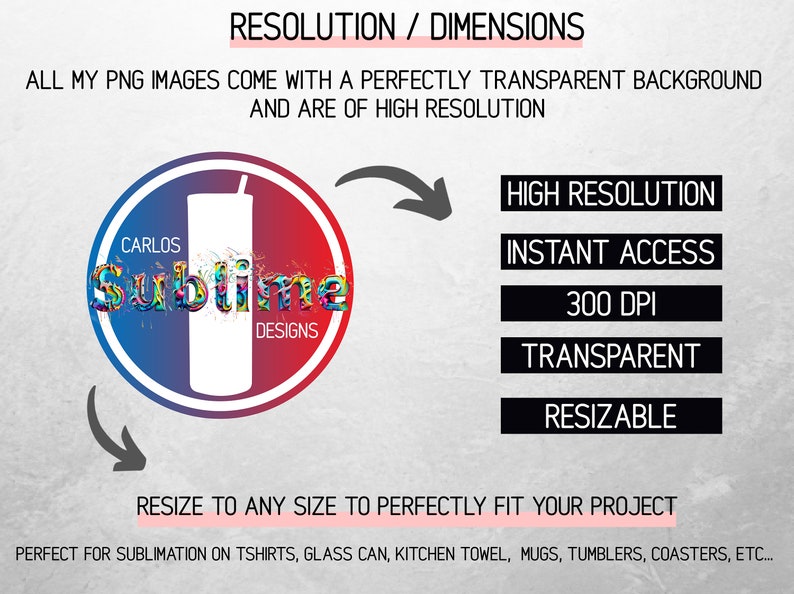 Op de afbeelding: Een rode, witte en blauwe cirkel met de tekst "Carlos Sublime Designs" erin. De cirkel is omgeven door een witte achtergrond met de tekst "RESOLUTION / DIMENSIONS" bovenaan. Onder de cirkel staat de tekst "RESIZE TO ANY SIZE TO PERFECTLY FIT YOUR PROJECT". De tekst "HIGH RESOLUTION", "INSTANT ACCESS", "300 DPI", "TRANSPARENT" en "RESIZABLE" staan in een kolom aan de rechterkant van de afbeelding. De tekst "PERFECT FOR SUBLIMATION ON TSHIRTS, GLASS CAN, KITCHEN TOWEL, MUGS, TUMBLERS, COASTERS, ETC..." staat onderaan de afbeelding.