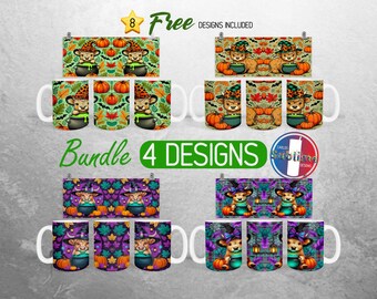 Halloween Highland Cow Mug Wrap Bundle Pumpkin Fall Leaves Mug PNG Design Cute Cow Witch Hat Full Mug Wrap | 11oz and 15oz Mug Sublimation